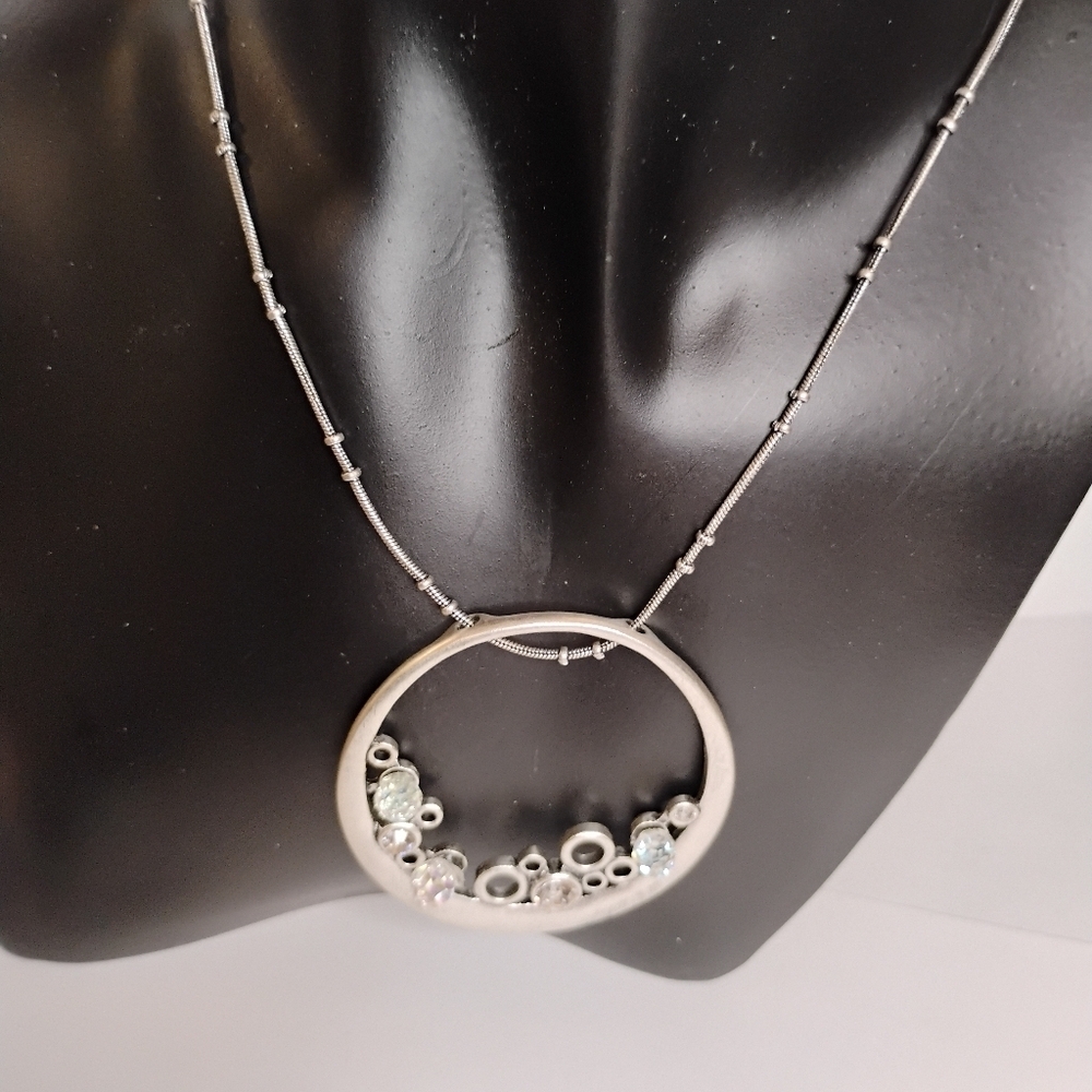 Macy's Sliver Tone Textured Necklace & AB Crystal Pendant - Picture 6 of 6